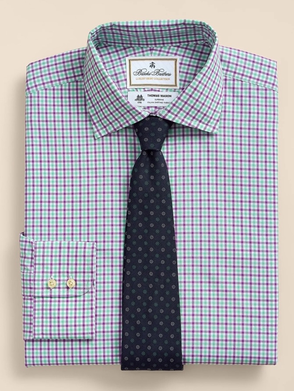 Brooks Brothers Thomas Mason Purple Green Check Dress Shirt NWT 17/33 Slim Fit